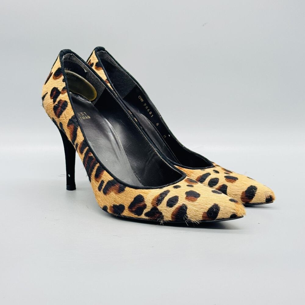 Stuart Weitzman Shoes Womens 8 Brown Leopard Calf Hair Pumps Dress Pointed Toe - Picture 2 of 11